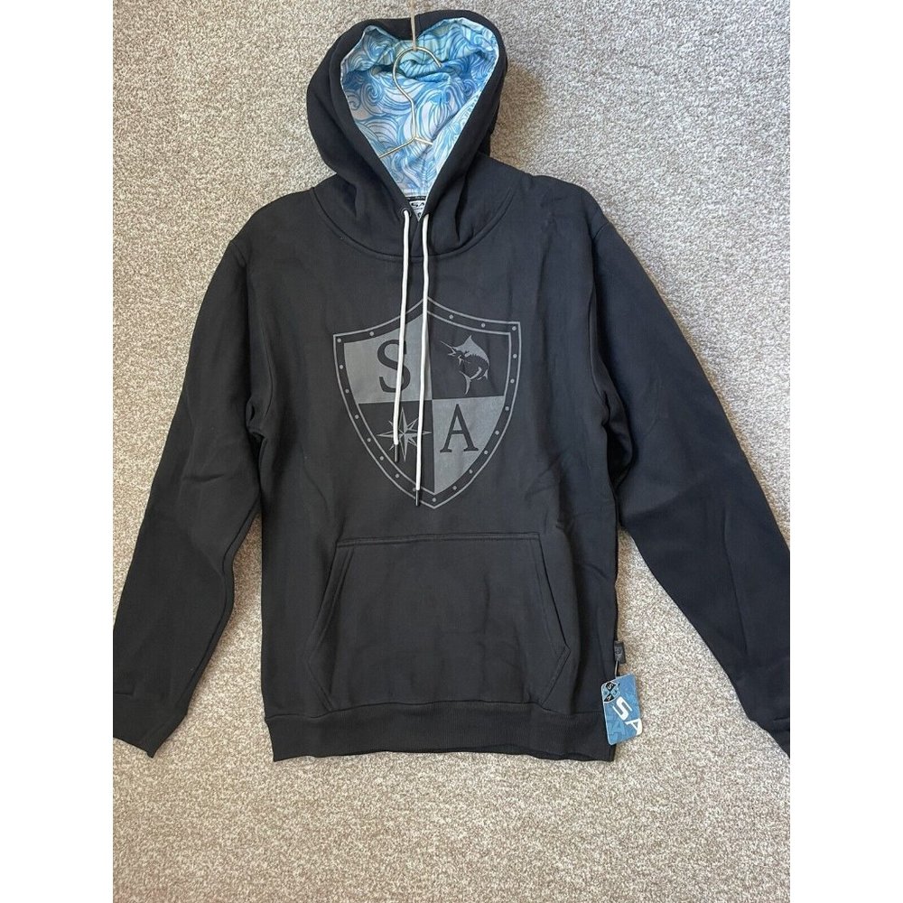 SA Fishing Soul of Adventure Men’s Black Pullover Hoodie Blue Hood Size Medium